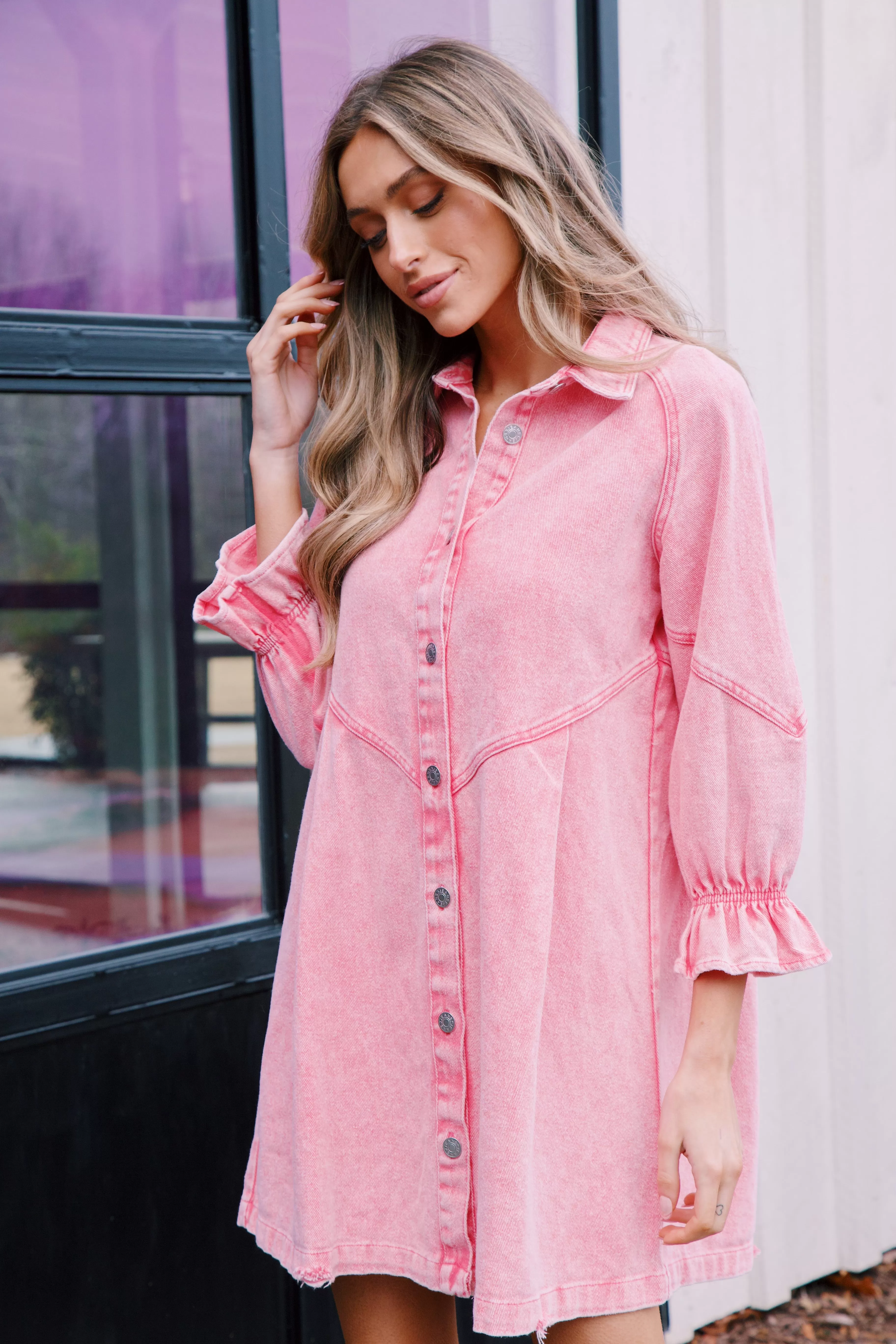 Winona Washed Denim Dress, Hot Pink