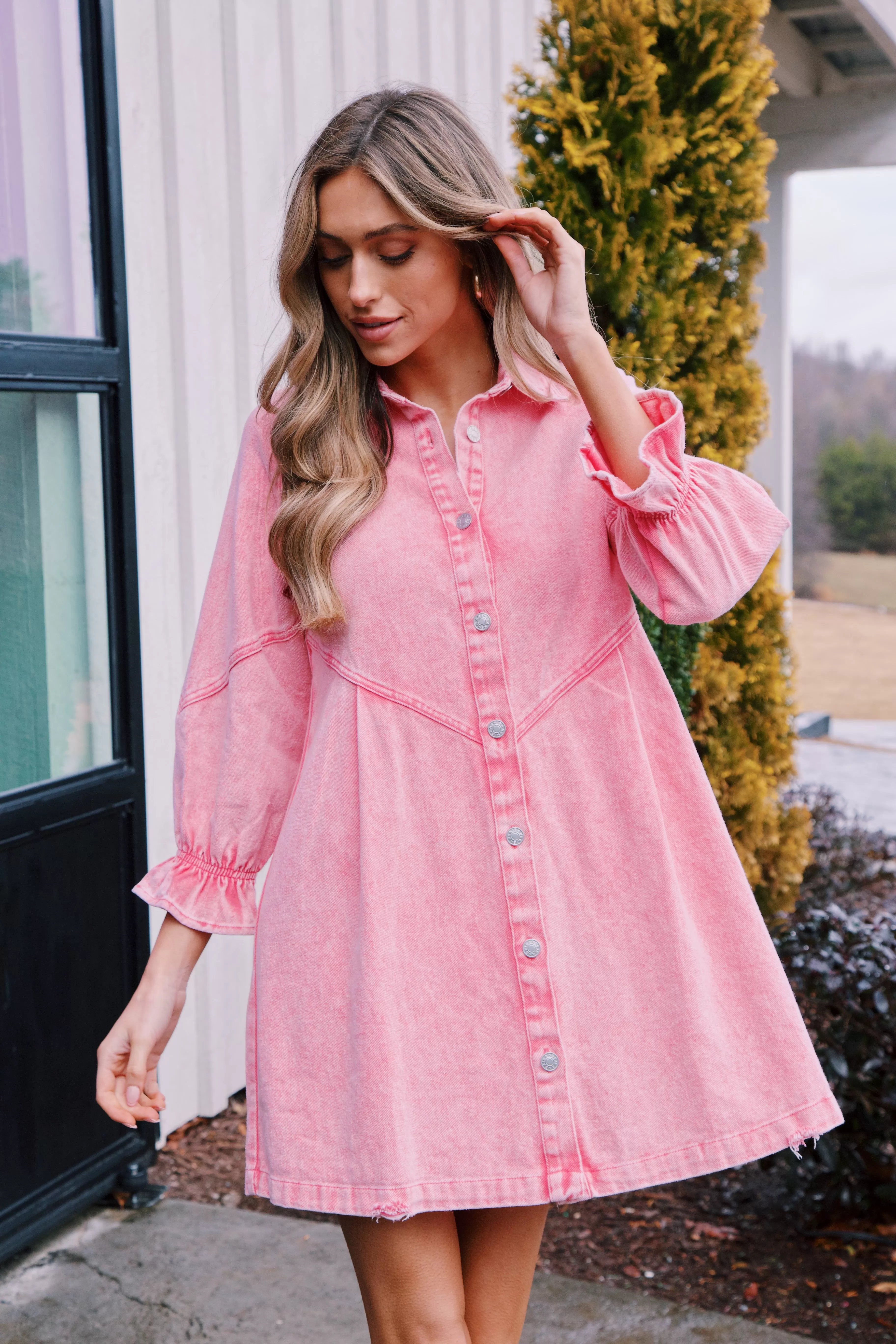 Winona Washed Denim Dress, Hot Pink