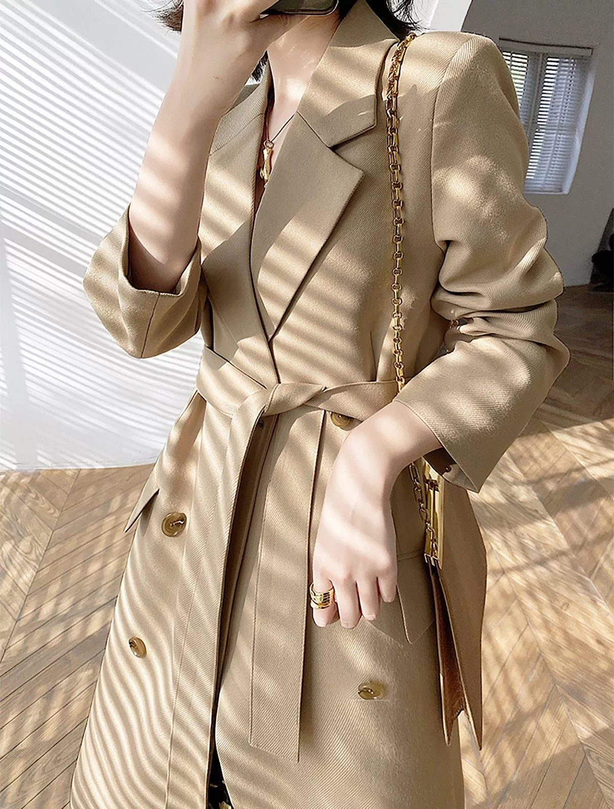 Women's Classic Khaki Cotton Blend Trench Coat Double Breasted Long windbreaker,Office Lady Drop Belted Trench Coat,Fall Winter Long Blazer