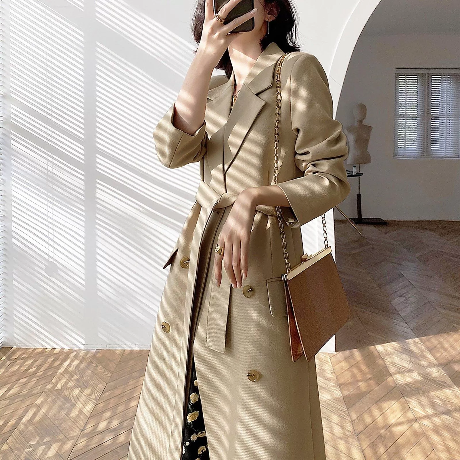 Women's Classic Khaki Cotton Blend Trench Coat Double Breasted Long windbreaker,Office Lady Drop Belted Trench Coat,Fall Winter Long Blazer