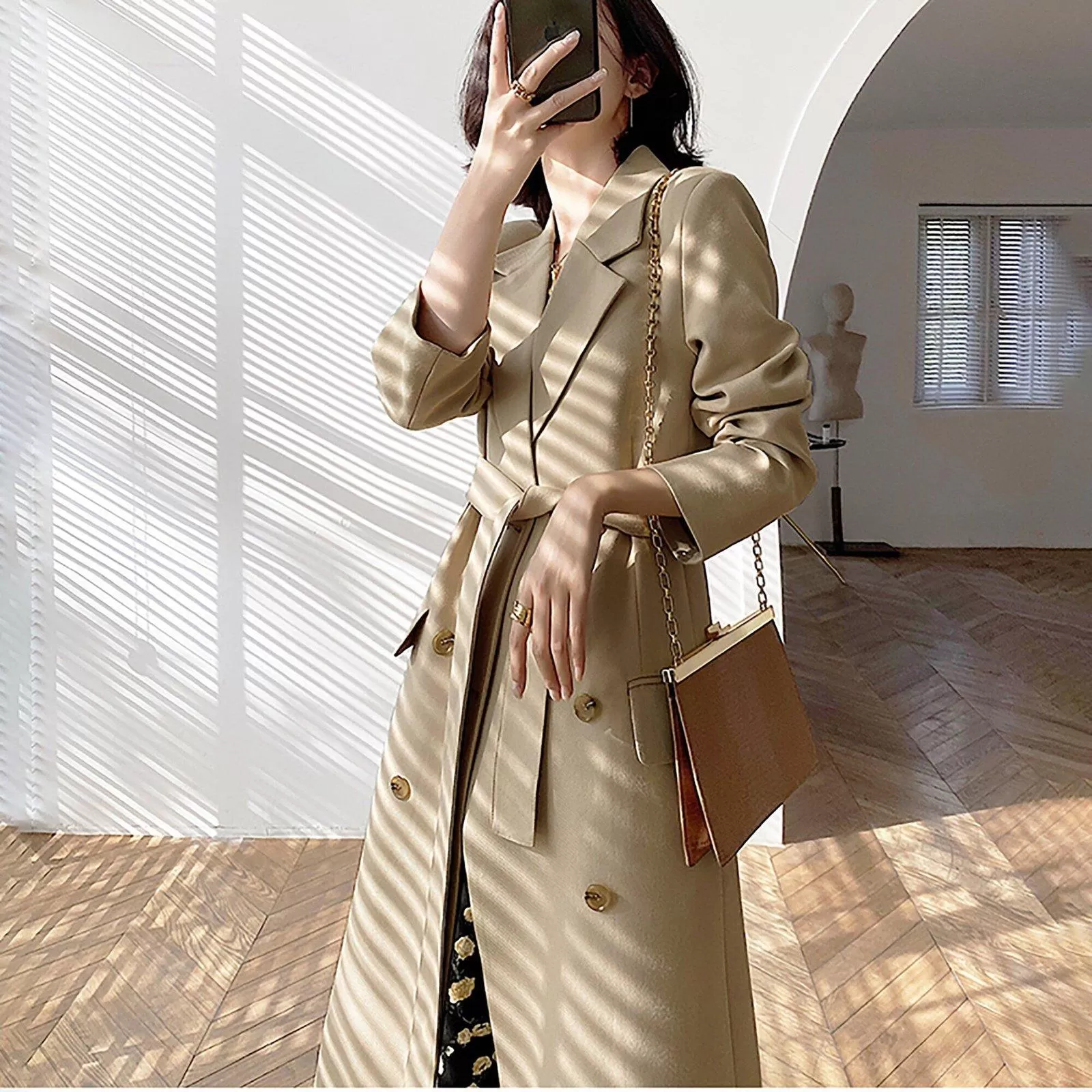 Women's Classic Khaki Cotton Blend Trench Coat Double Breasted Long windbreaker,Office Lady Drop Belted Trench Coat,Fall Winter Long Blazer