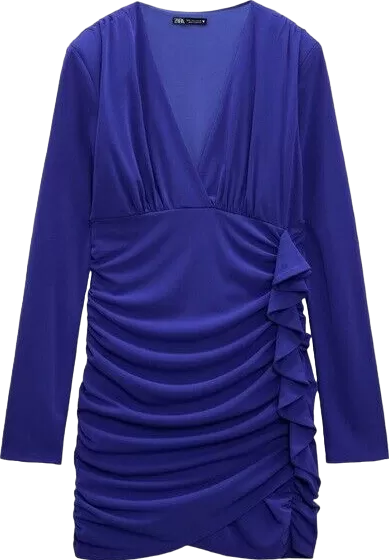 ZARA Blue Ruffle Detail Long Sleeve Double Lined Mini Dress BNWT UK S